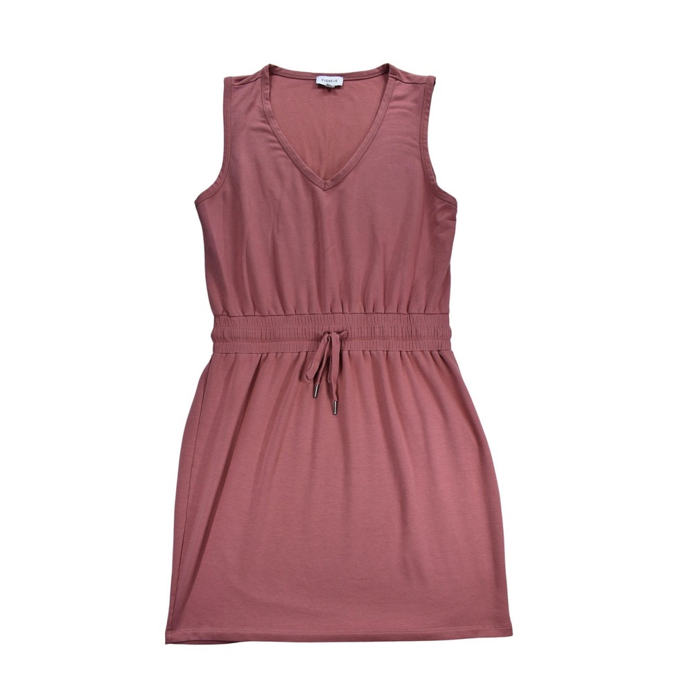 Evereve Mauve Pink Sleeveless V-Neck Drawstring Elastic Waist Knit Mini Dress L